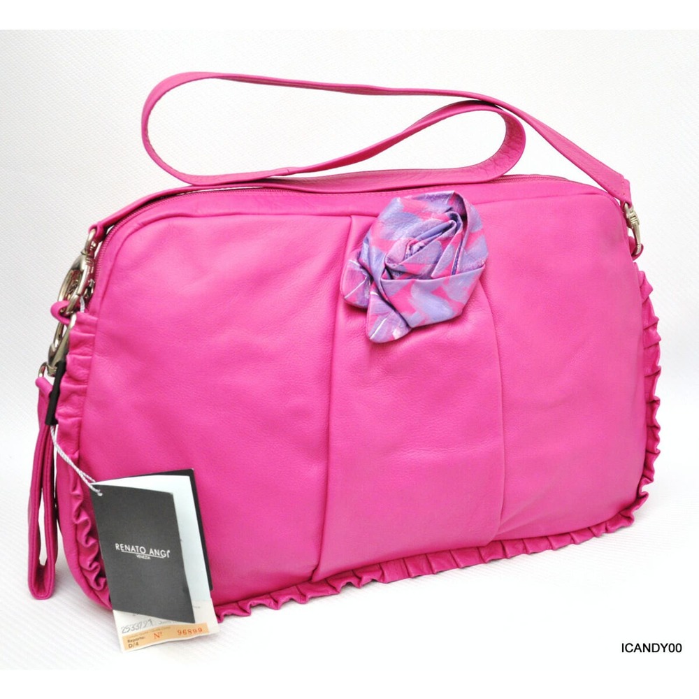 RENATO ANGI Italy Nappa Leather Flower Hobo Handbag Shoulder Bag Hot Pink Nwt